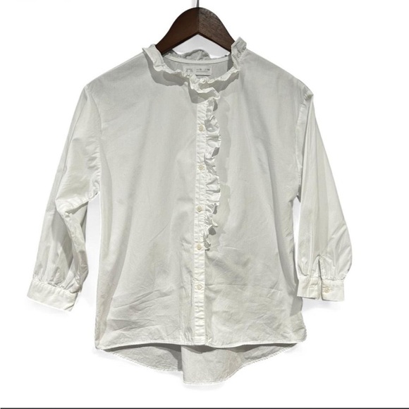 Zara Tops - ZARA Poplin Ruffle 3/4 Long Sleeve Button Up Blouse | White | Size 10